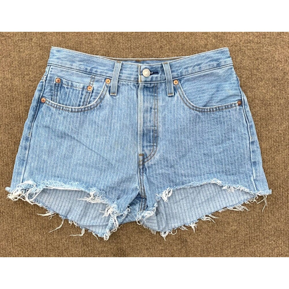Levis 501 Shorts Womens 28 Cut-Off Button Fly Mid Rise Striped Light Wash Denim